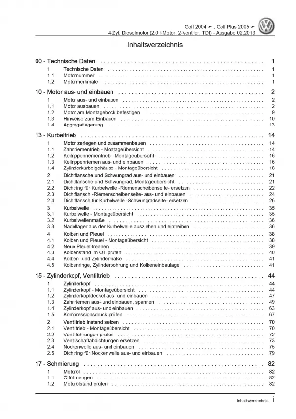 VW Golf 5 Plus 5M 2003-2008 2,0l Dieselmotor 140 PS TDI Reparaturanleitung PDF