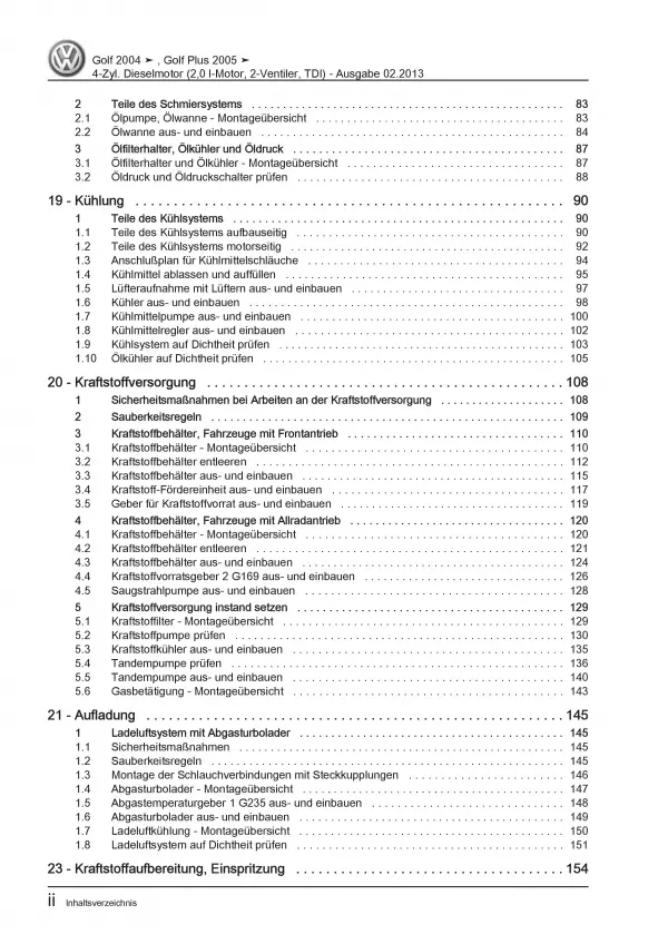 VW Golf 5 Plus 5M 2003-2008 2,0l Dieselmotor 140 PS TDI Reparaturanleitung PDF