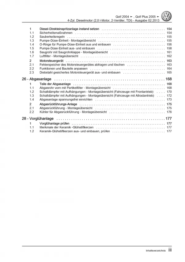 VW Golf 5 Plus 5M 2003-2008 2,0l Dieselmotor 140 PS TDI Reparaturanleitung PDF