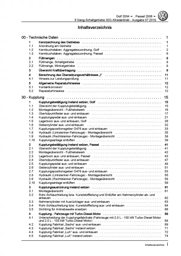 VW Golf 5 Plus (03-08) 6 Gang Schaltgetriebe 02Q Allrad Reparaturanleitung PDF