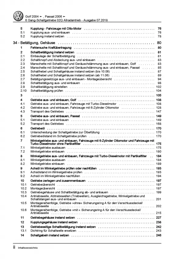 VW Golf 5 Plus (03-08) 6 Gang Schaltgetriebe 02Q Allrad Reparaturanleitung PDF