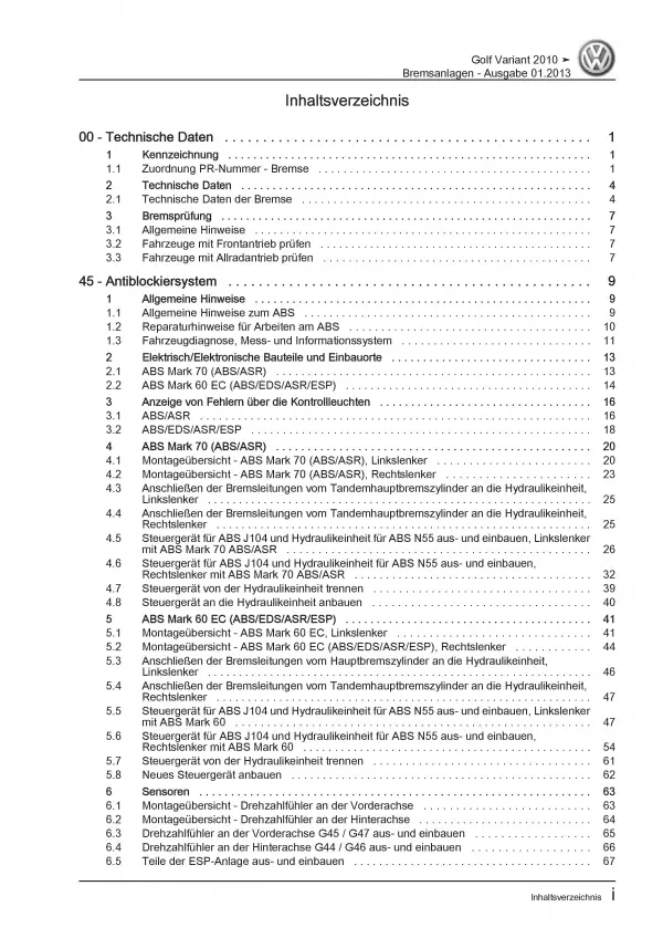 VW Golf 6 Variant 2009-2013 Bremsanlagen Bremsen System Reparaturanleitung PDF