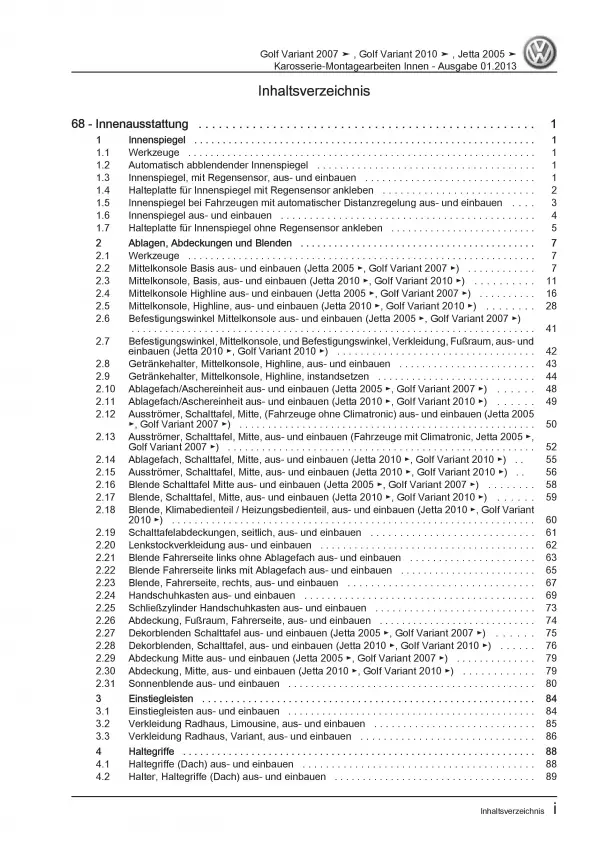 VW Golf 6 Variant Karosserie Montagearbeiten Innen Reparaturanleitung PDF