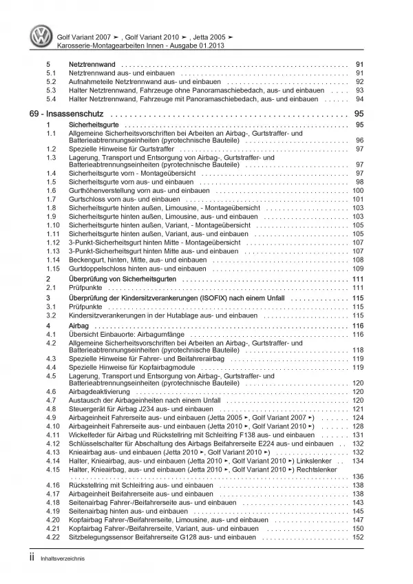 VW Golf 6 Variant (09-13) Karosserie Montagearbeiten Innen Reparaturanleitung