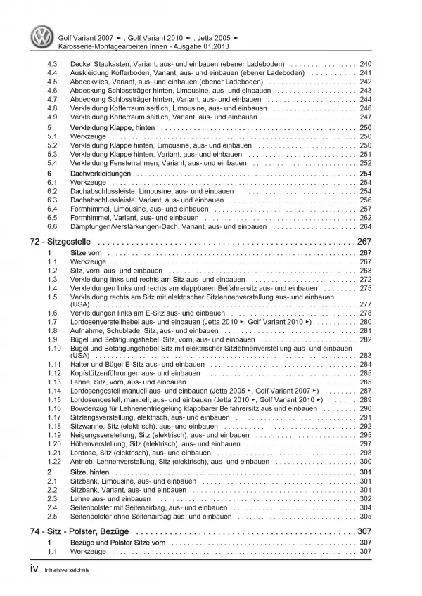 VW Golf 6 Variant Karosserie Montagearbeiten Innen Reparaturanleitung PDF