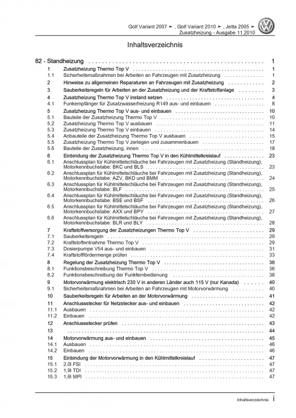 VW Golf 6 Variant 2009-2013 Standheizung Zusatzheizung Reparaturanleitung PDF