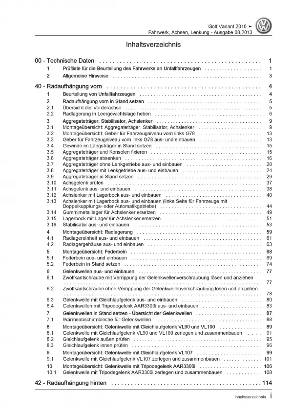 VW Golf 6 Variant (09-13) Fahrwerk Achsen Lenkung Reparaturanleitung