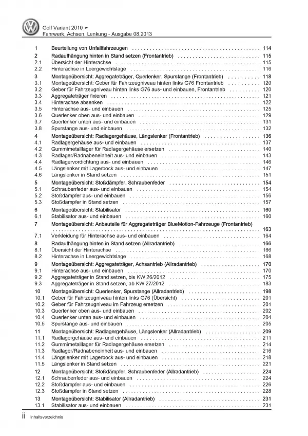 VW Golf 6 Variant (09-13) Fahrwerk Achsen Lenkung Reparaturanleitung