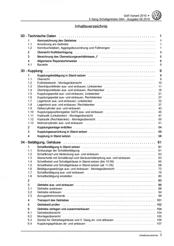 VW Golf 6 Variant 5 Gang 0AH Schaltgetriebe Kupplung Reparaturanleitung PDF