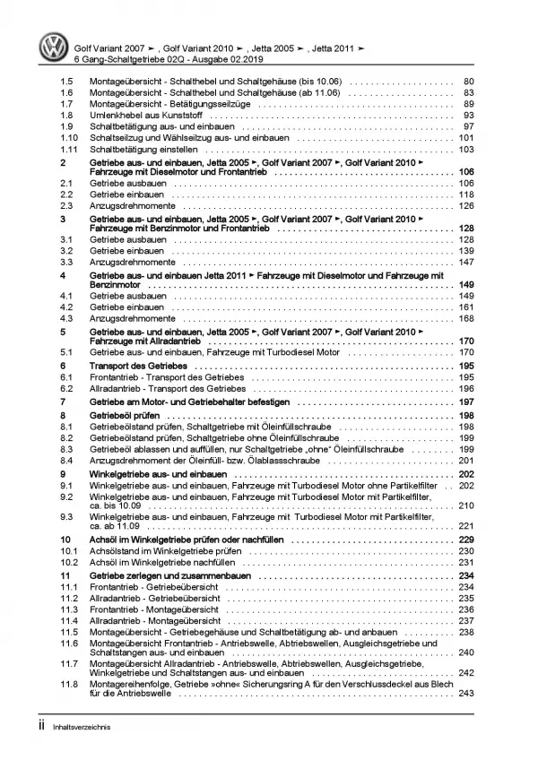 VW Golf 6 Variant (09-13) 6 Gang Schaltgetriebe 02Q Kupplung Reparaturanleitung