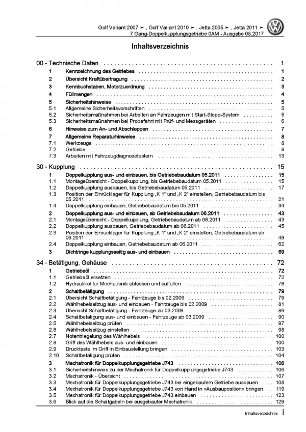 VW Golf 6 Variant 7 Gang Automatikgetriebe DKG 0AM Reparaturanleitung PDF