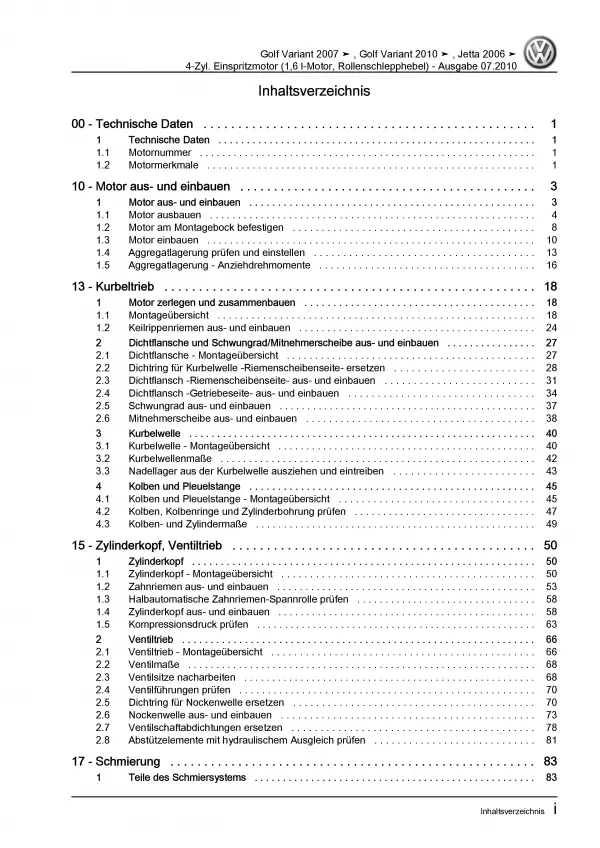 VW Golf 6 Variant (09-13) 4-Zyl. 1,6l Benzinmotor 102 PS Reparaturanleitung PDF