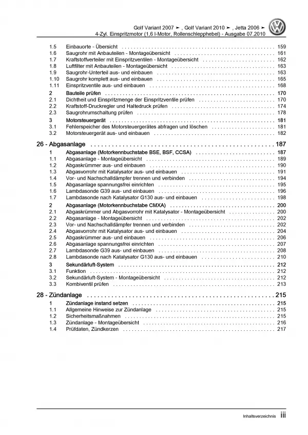 VW Golf 6 Variant (09-13) 4-Zyl. 1,6l Benzinmotor 102 PS Reparaturanleitung PDF