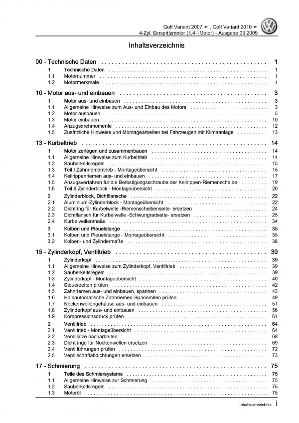 VW Golf 6 Variant 2009-2013 4-Zyl. 1,4l Benzinmotor 80 PS Reparaturanleitung PDF