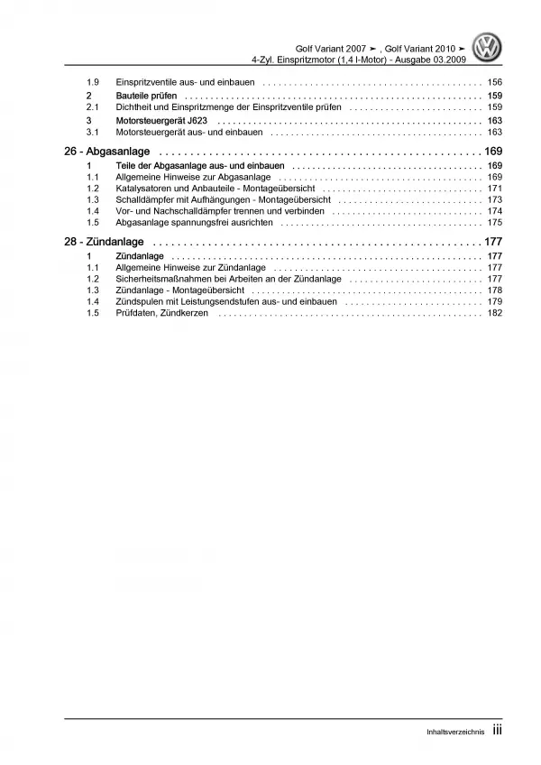 VW Golf 6 Variant 2009-2013 4-Zyl. 1,4l Benzinmotor 80 PS Reparaturanleitung PDF