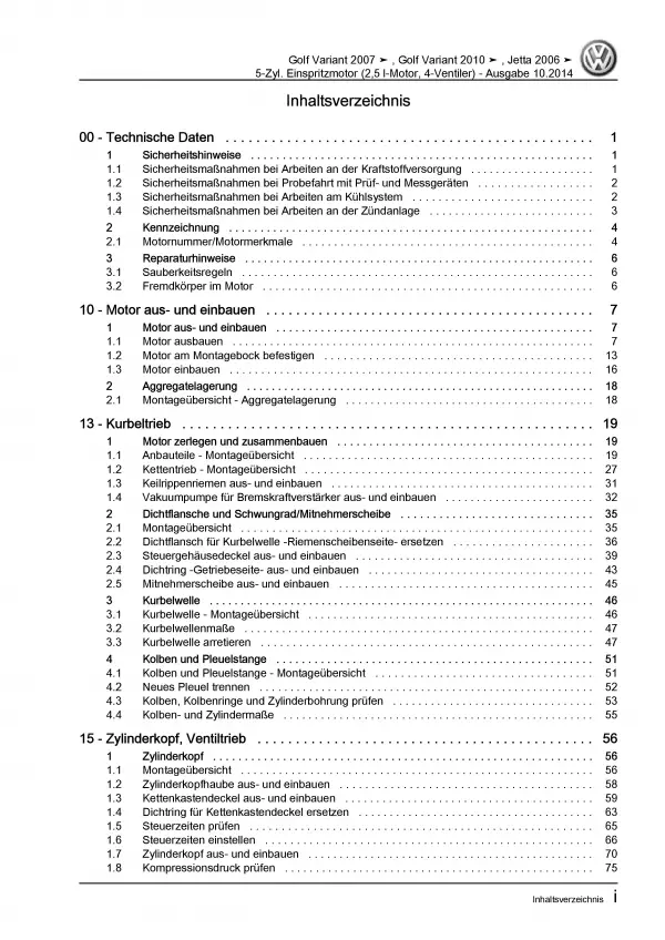 VW Golf 6 Variant (09-13) 2,5l Benzinmotor 150-170 PS Reparaturanleitung PDF