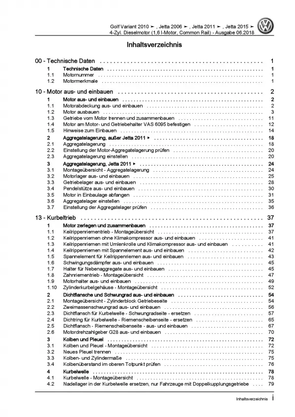 VW Golf 6 Variant 2009-2013 1,6l Dieselmotor 90-105 PS Reparaturanleitung PDF