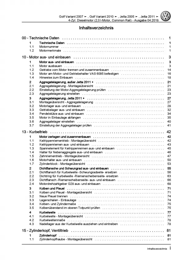 VW Golf 6 Variant 2009-2013 2,0l Dieselmotor 136-170 PS Reparaturanleitung PDF