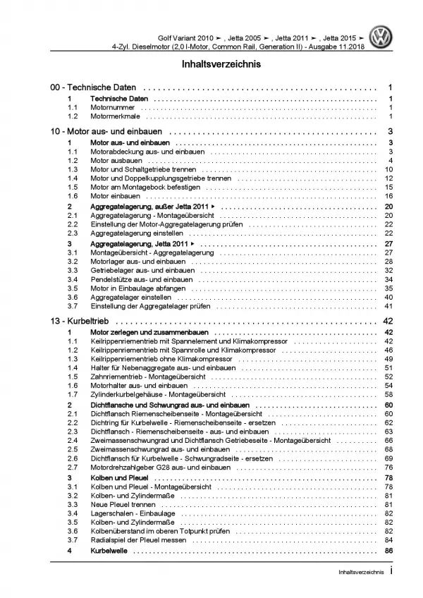 VW Golf 6 Variant 2009-2013 2,0l Dieselmotor 110-140 PS Reparaturanleitung PDF