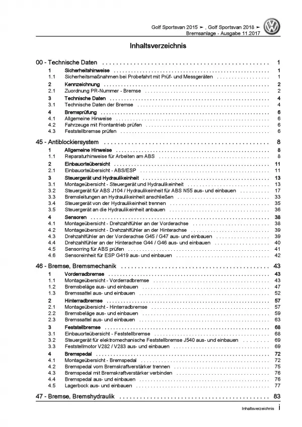 VW Golf 7 Sportsvan AM Bremsanlagen Bremsen System Reparaturanleitung PDF