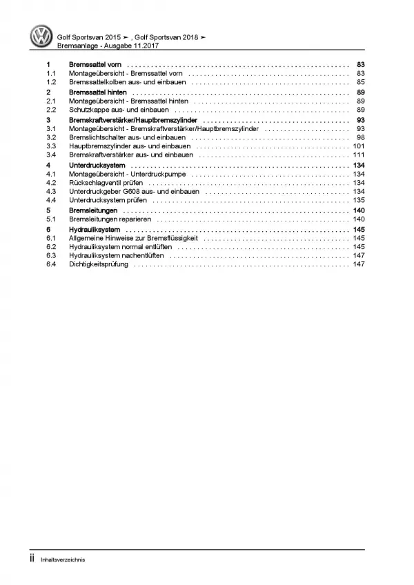 VW Golf 7 Sportsvan AM Bremsanlagen Bremsen System Reparaturanleitung PDF