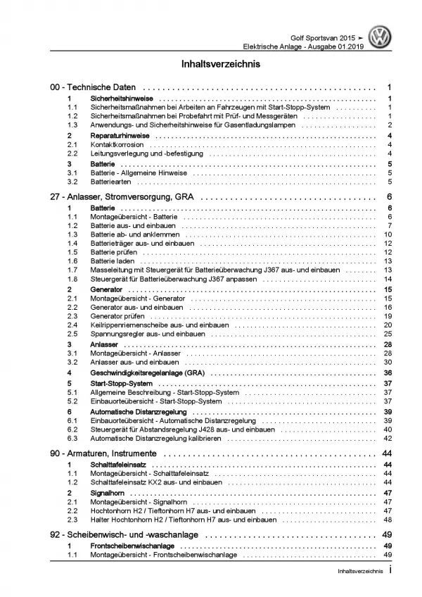 VW Golf 7 Sportsvan Elektrische Anlage Elektrik Systeme Reparaturanleitung PDF