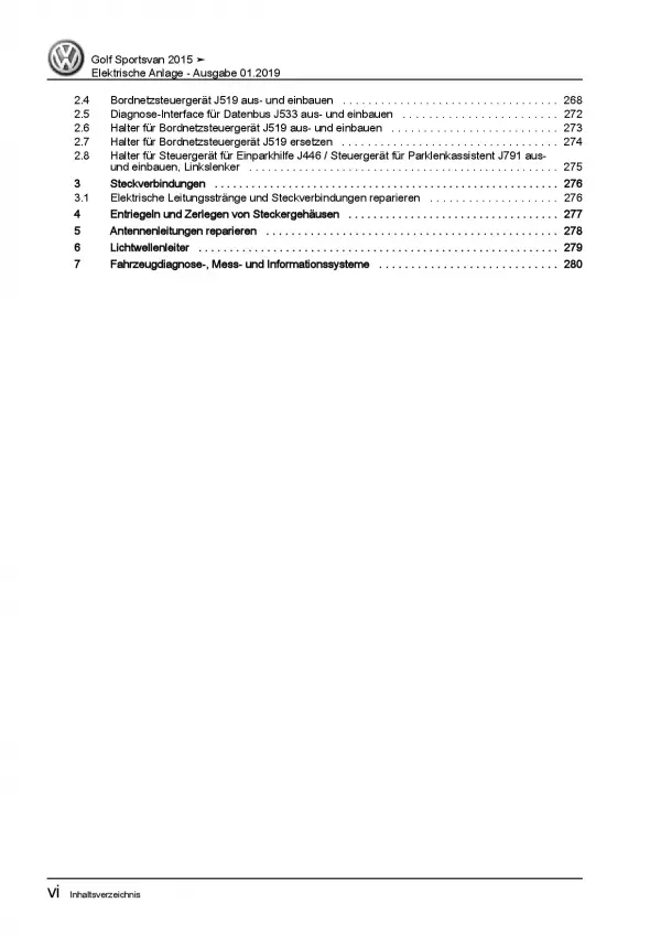 VW Golf 7 Sportsvan Elektrische Anlage Elektrik Systeme Reparaturanleitung PDF