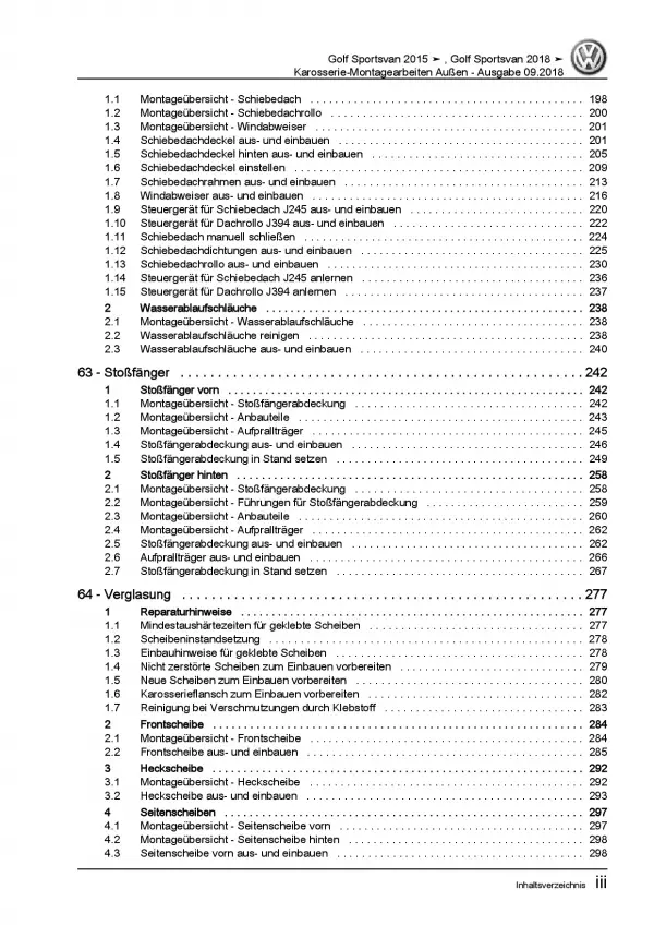 VW Golf 7 Sportsvan AM (14-18) Karosserie Montage Außen Reparaturanleitung PDF