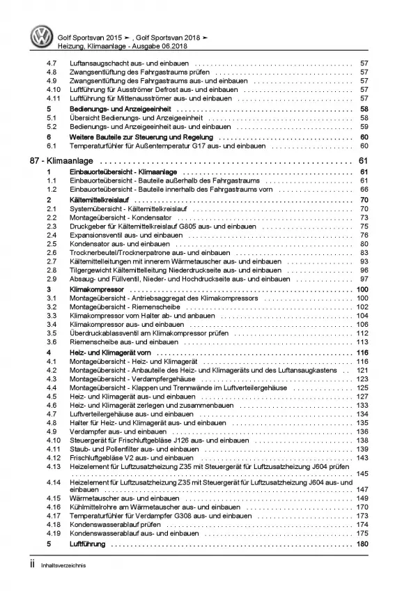 VW Golf 7 Sportsvan (14-18) Heizung Belüftung Klimaanlage Reparaturanleitung PDF