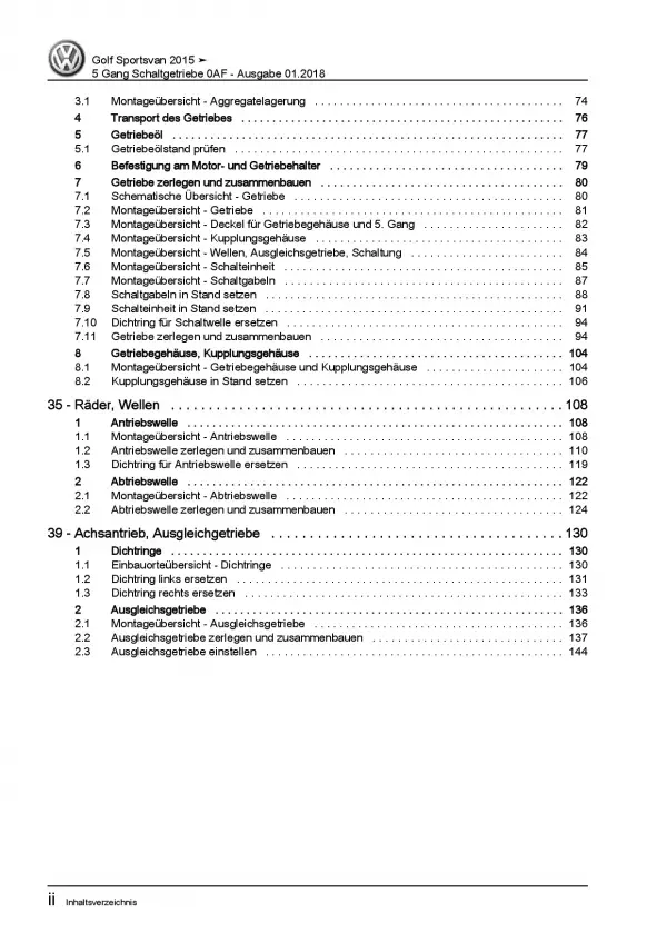 VW Golf 7 Sportsvan AM (14-18) 5 Gang Schaltgetriebe 0AF Reparaturanleitung