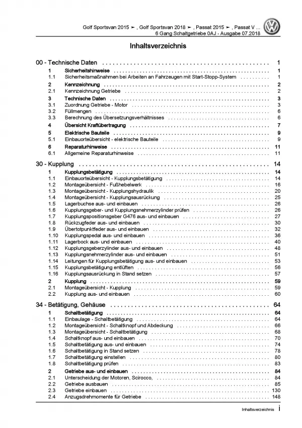 VW Golf 7 Sportsvan AM (14-18) 6 Gang Schaltgetriebe 0AJ Reparaturanleitung PDF