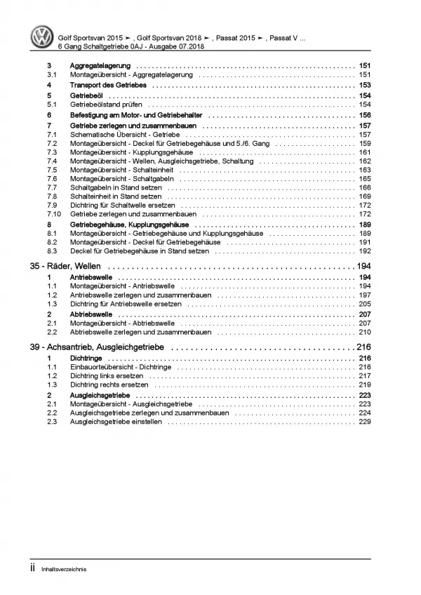 VW Golf 7 Sportsvan Typ AM (14-18) 6 Gang Schaltgetriebe 0AJ Reparaturanleitung