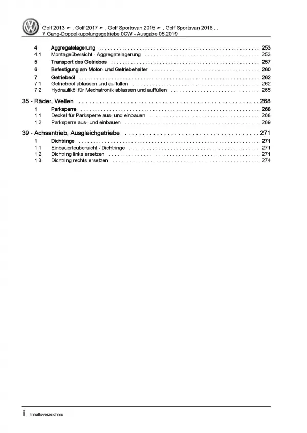 VW Golf 7 Sportsvan AM 7 Gang Automatikgetriebe DKG 0CW Reparaturanleitung PDF