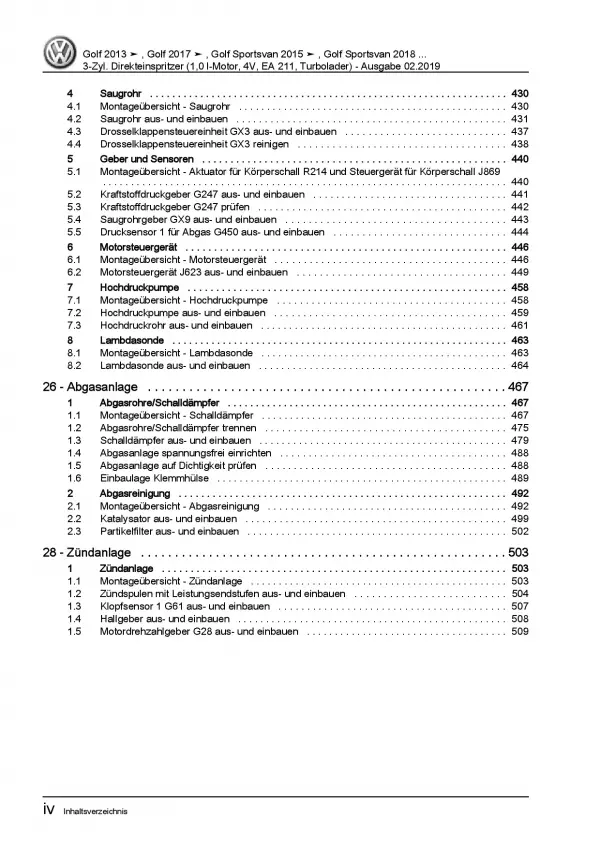 VW Golf 7 Sportsvan (14-18) 3-Zyl. 1,0l Benzinmotor 85-115 PS Reparaturanleitung