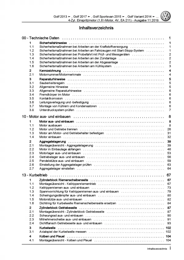 VW Golf 7 Sportsvan AM (14-18) 1,6l Benzinmotor 90-110 PS Reparaturanleitung PDF