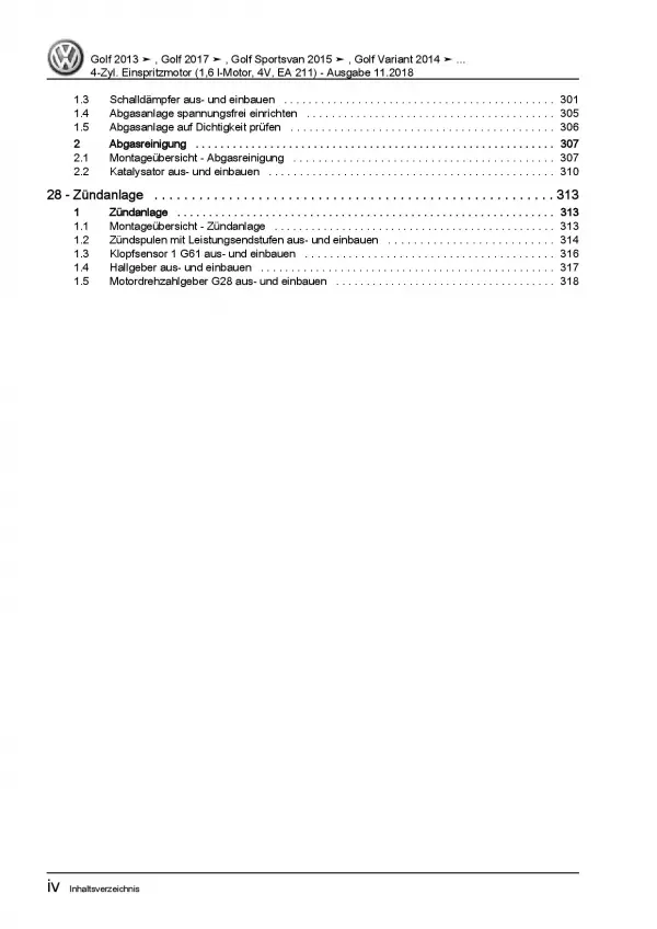 VW Golf 7 Sportsvan (14-18) 4-Zyl. 1,6l Benzinmotor 90-110 PS Reparaturanleitung