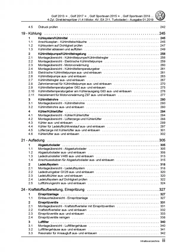 VW Golf 7 Sportsvan (14-18) 1,4l Benzinmotor 122-150 PS Reparaturanleitung PDF