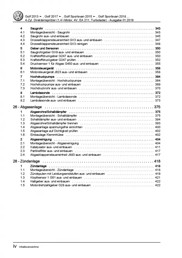 VW Golf 7 Sportsvan AM (14-18) 1,4l Benzinmotor 122-150 PS Reparaturanleitung