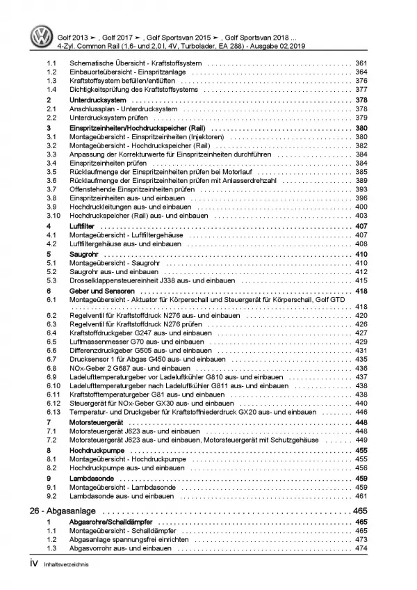 VW Golf 7 Sportsvan (14>) 1,6l 2,0l Dieselmotor TDI 90-190 PS Reparaturanleitung