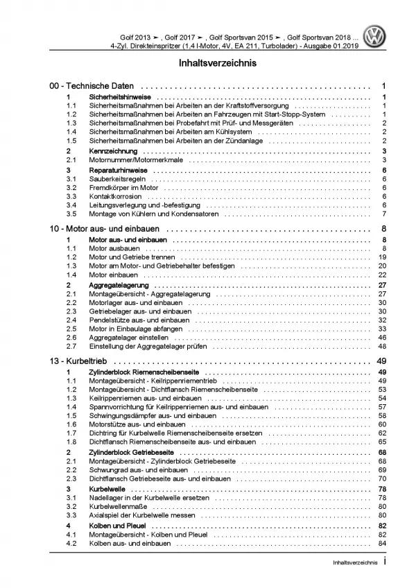 VW Golf 7 Sportsvan (18>) 1,4l Benzinmotor 122-150 PS Reparaturanleitung PDF