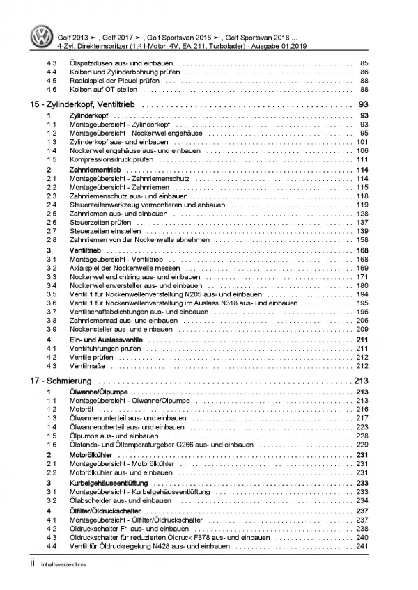 VW Golf 7 Sportsvan (18>) 1,4l Benzinmotor 122-150 PS Reparaturanleitung PDF