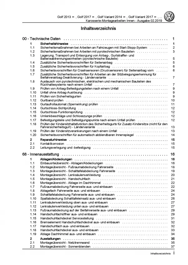 VW e-Golf BE1 BE2 ab 2014 Karosserie Montage Innen Reparaturanleitung PDF