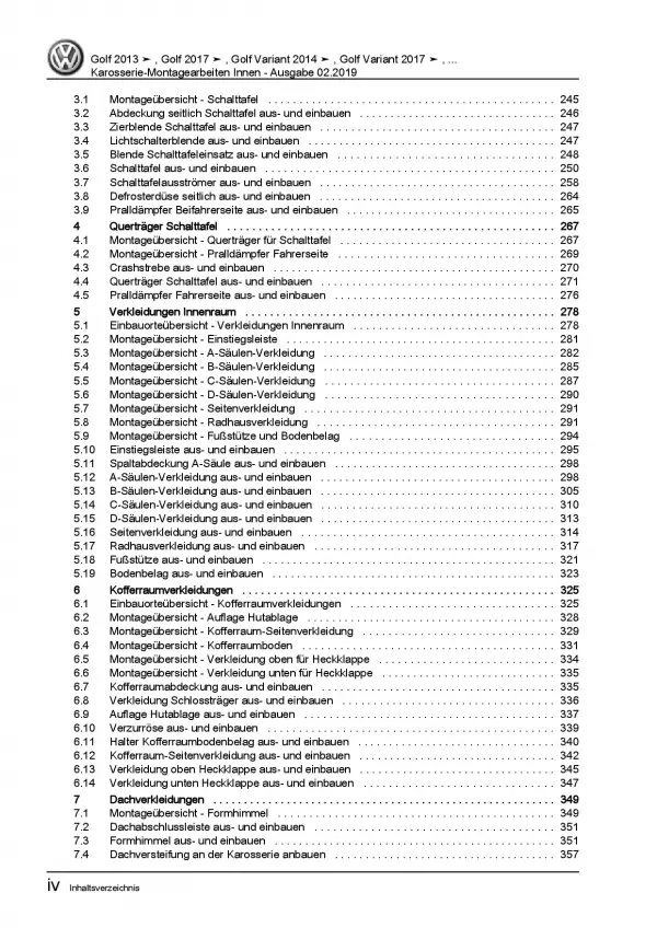 VW e-Golf BE1 BE2 ab 2014 Karosserie Montagearbeiten Innen Reparaturanleitung