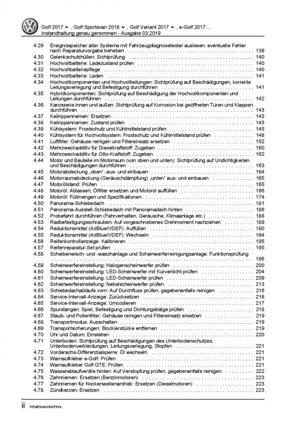 VW e-Golf Typ BE2 ab 2017 Instandhaltung Inspektion Wartung Reparaturanleitung