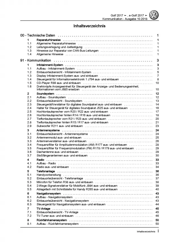 VW e-Golf Typ BE2 ab 2017 Radio Navigation Kommunikation Reparaturanleitung PDF