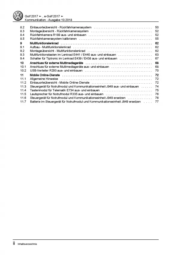 VW e-Golf Typ BE2 ab 2017 Radio Navigation Kommunikation Reparaturanleitung PDF