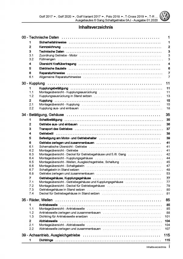 VW Golf 8 CD ab 2019 6 Gang Schaltgetriebe Kupplung 0AJ Reparaturanleitung PDF