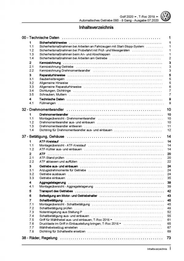 VW Golf 8 Typ CD ab 2019 8 Gang Automatikgetriebe 09S Reparaturanleitung PDF