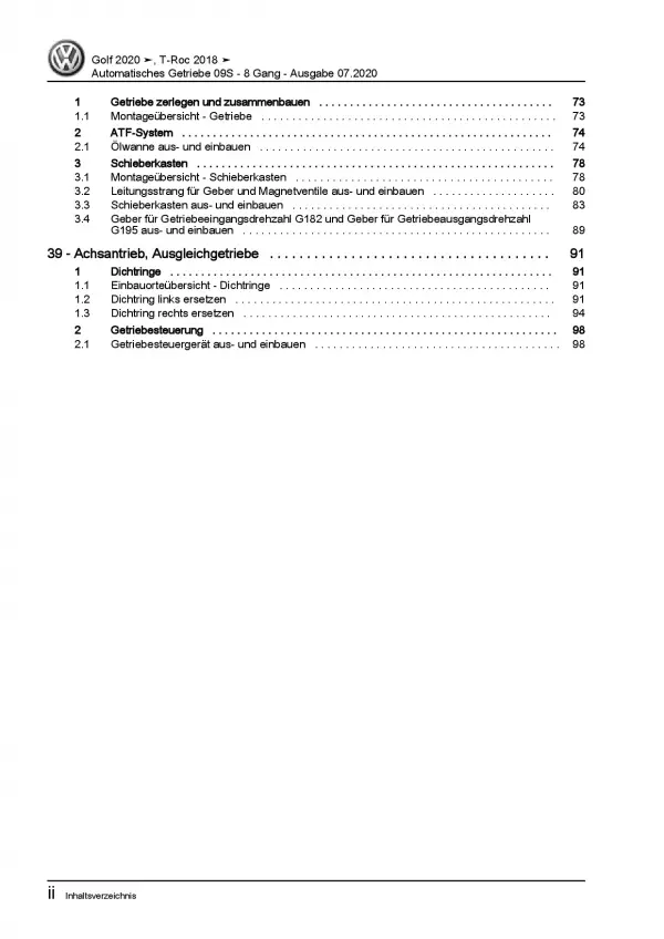 VW Golf 8 Typ CD ab 2019 8 Gang Automatikgetriebe 09S Reparaturanleitung