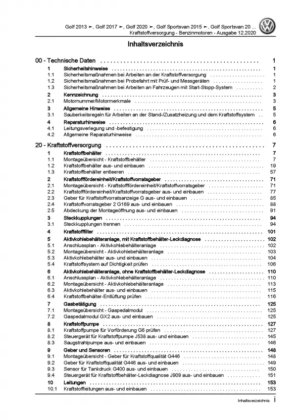 VW Golf 8 CD ab 2019 Kraftstoffversorgung Benzinmotoren Reparaturanleitung PDF